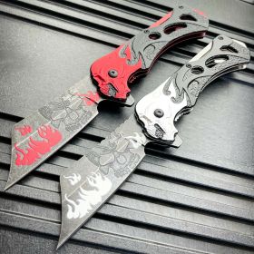 8.25" Skull Flame Spring Assisted Cleaver Blade FOLDING POCKET KNIFE Stonewash