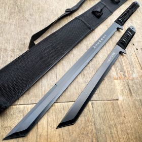 2 PC Black NINJA MACHETE SWORD ZOMBIE TACTICAL SURVIVAL KNIFE Fixed Blade