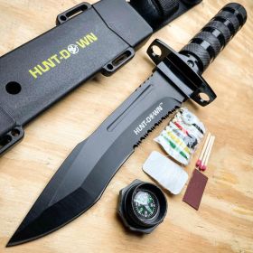 12" Tactical Camping Hunting Rambo Fixed Blade Knife BLACK Bowie + Survival KIT