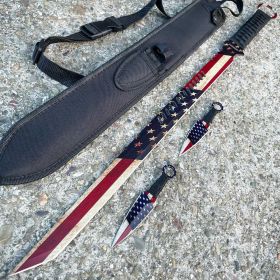 27" American USA Flag Sword Machete  + Throwing Knife Set