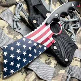 8.25" American USA Flag Survival Camping Hunting Cleaver Fixed Blade Knife