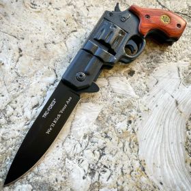 8" Tactical HAND PISTOL Revolver Gun Metal Folding Assisted WOOD Pocket Knife