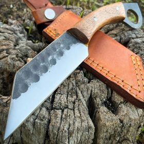 9.5" Hand Forged Ring Seax Carbon Steel Cleaver Hunting Knife Fixed Blade w Wood