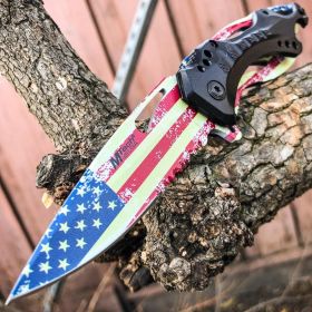 8" AMERICAN FLAG Spring Folding Assisted POCKET KNIFE Bottle Opener