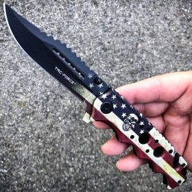 TAC FORCE Spring Opening Assisted SKULL Tactical Rescue USA FLAG Pocket Knife