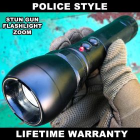 Metal POLICE Stun Gun 999MV Rechargeable LED Zoom Flashlight w/ Case