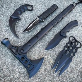 7PC Black Tactical Fixed Blade Tomahawk Axe Hatchet Karambit Pocket Knife Set