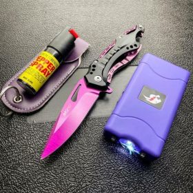 TACTICAL STUN GUN FLASHLIGHT + POCKET KNIFE + PEPPER SPRAY PURPLE SELF DEFENSE