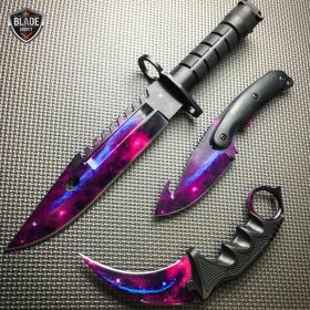 3 PC CSGO Black Galaxy Gut Hook Fixed Blade Bayonet Knife Karambit SET