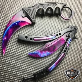 2PC CSGO Black Galaxy Karambit Fixed Blade + Butterfly Balisong Trainer Knife