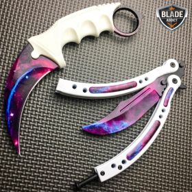 2PC CSGO White Galaxy Karambit + Butterfly Balisong Trainer Knife