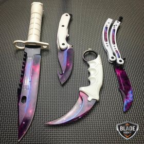 4 PC White Galaxy Fixed Blade Hunting Knife Guthook Balisong Butterfly Bayonet Karambit Collection