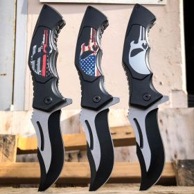 8" BLACK Spring Opening Assisted SKULL Tactical Folding Pocket Knife