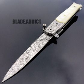 8.5" Damascus Italian Style Stiletto Spring Assisted Open Pocket Knife