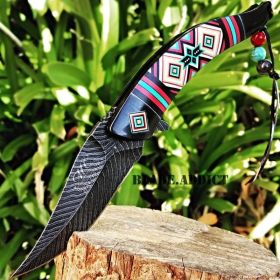 8.5" Native American Indian Damascus Feather Pocket Knife Black