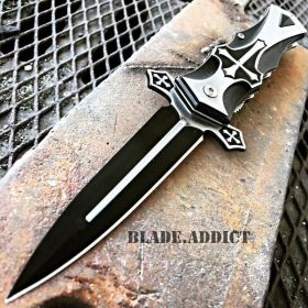 CELTIC CROSS Folding Blade STILETTO Pocket Knife Black