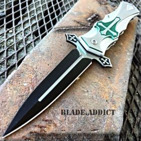 CELTIC CROSS Folding Blade STILETTO Pocket Knife GREEN