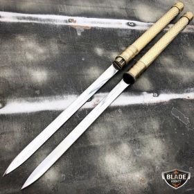 25" NINJA SAMURAI Dual Blade TWIN SWORDS Combat COSPLAY GOLD New