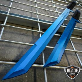 27" & 18" NINJA BLUE SWORD SET Samurai Machete COMBAT FANTASY KNIFE