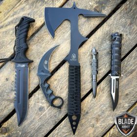 5PC BLACK SURVIVAL FIXED BLADE KARAMBIT TOMAHAWK AXE POCKET KNIFE SET