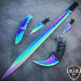 5PC Rainbow Fixed Blade Machete Sword Throwing Knife Karambit Set