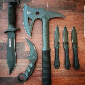 6 PC Black Tactical Set Karambit Throwing Knives Axe Hunting Knife