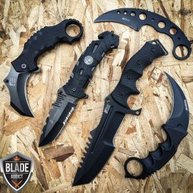 5PC BLACK DARK TACTICAL FIXED BLADE POCKET KNIFE KARAMBIT SET